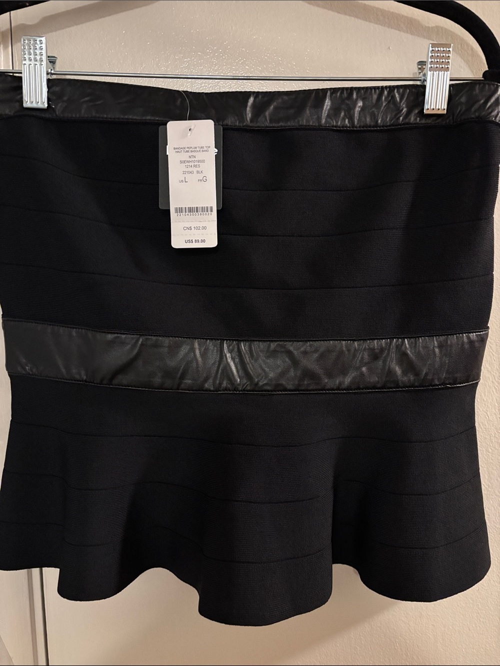 bebe Black A-Line Peplum Tube Top with Faux Leather Trim
